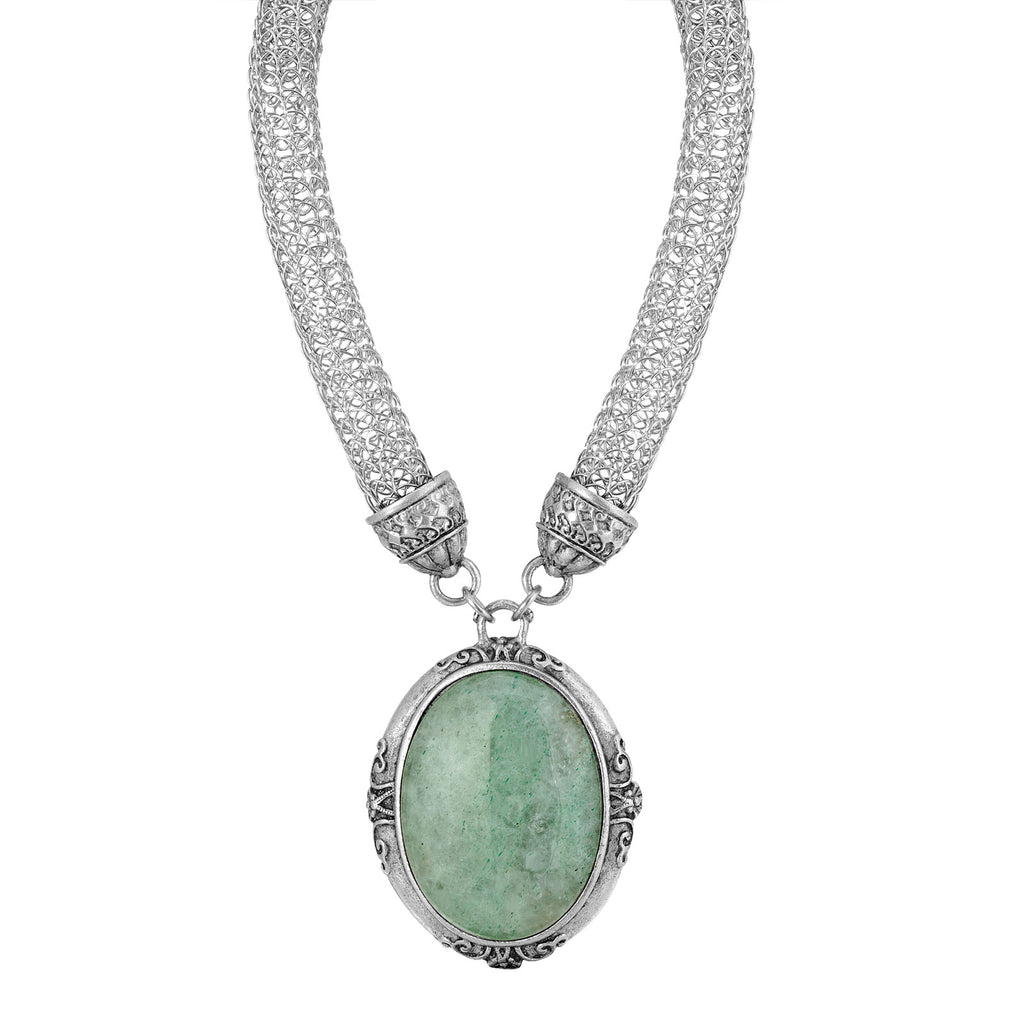 Green Aventurine Signature Gemstone Oval Pendant Mesh Tube Chain Necklace 18 Inches