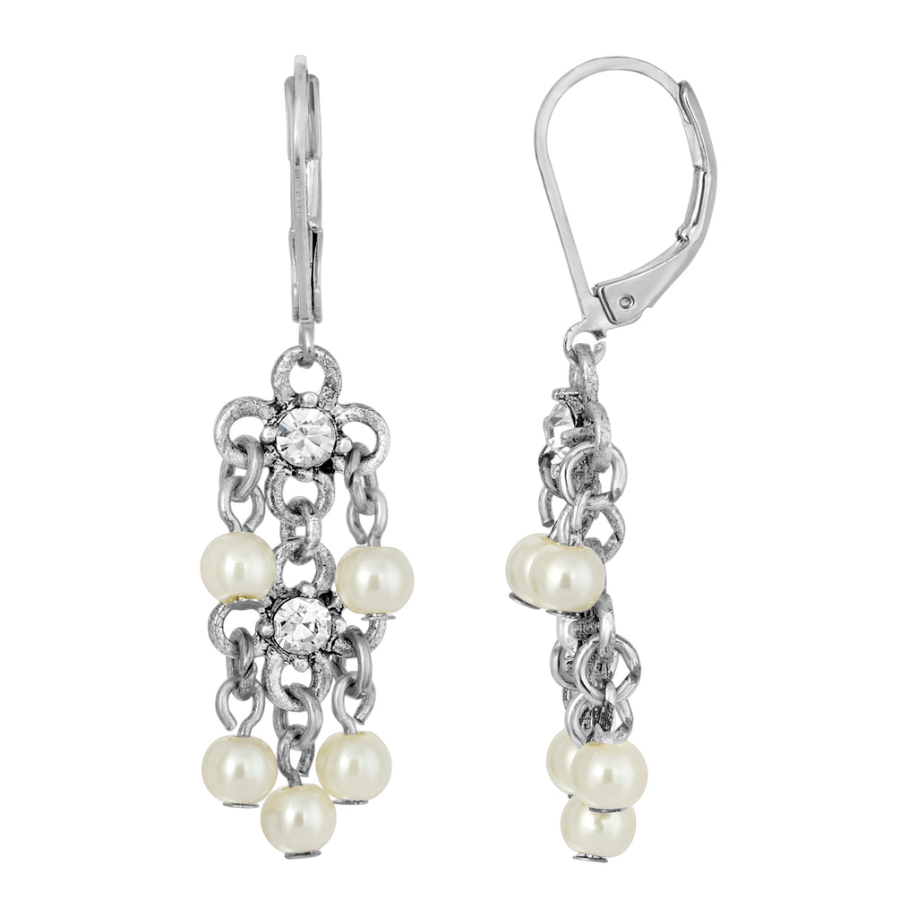 White Faux Pearl Crystal Accent Linear Earrings