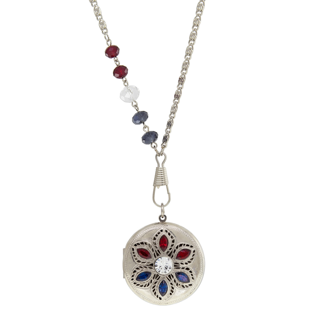 Silver Tone Red White And Blue Locket Necklace 28 Inch