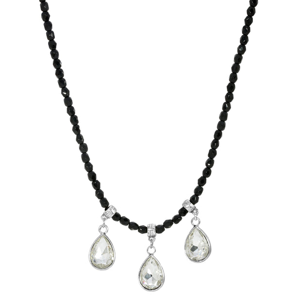 Black Bead Silver Tone Small Crystal Teardrop Necklace 15 - 18 Inch Adjustable