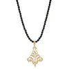 1928 Jewelry Minuit Black Glass Strand Bead Gold Filigree Fan & Crystals Pendant Necklace 15