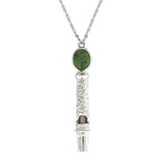 Silver Tone Green Oval Jade Filigree Whistle Pendant Necklace 30 Inches