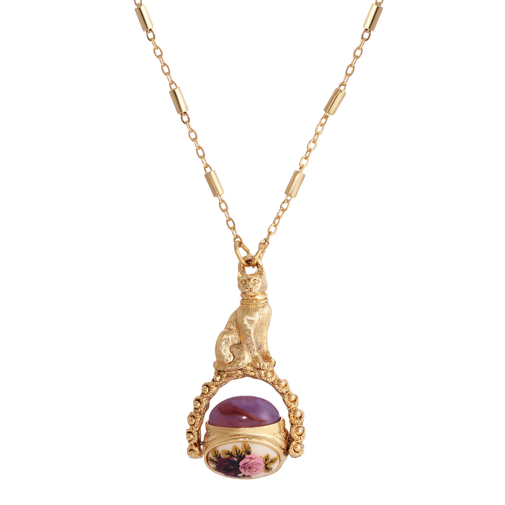 Manor House Pink & Purple Stone Spinner Cat Pendant Necklace 30 Inch