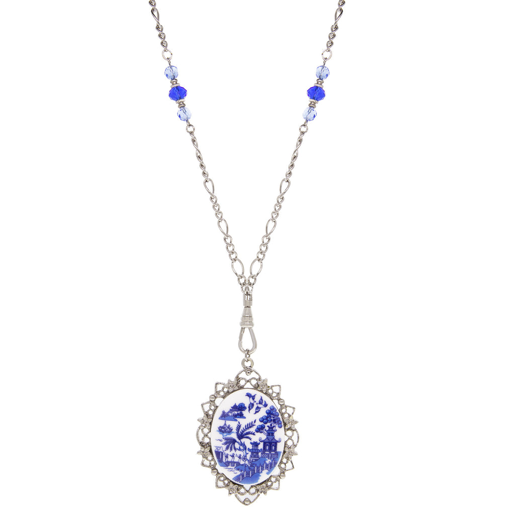 Light Sapphire Crystal Blue Willow Pagoda Oval Swivel Pendant Necklace 30"L
