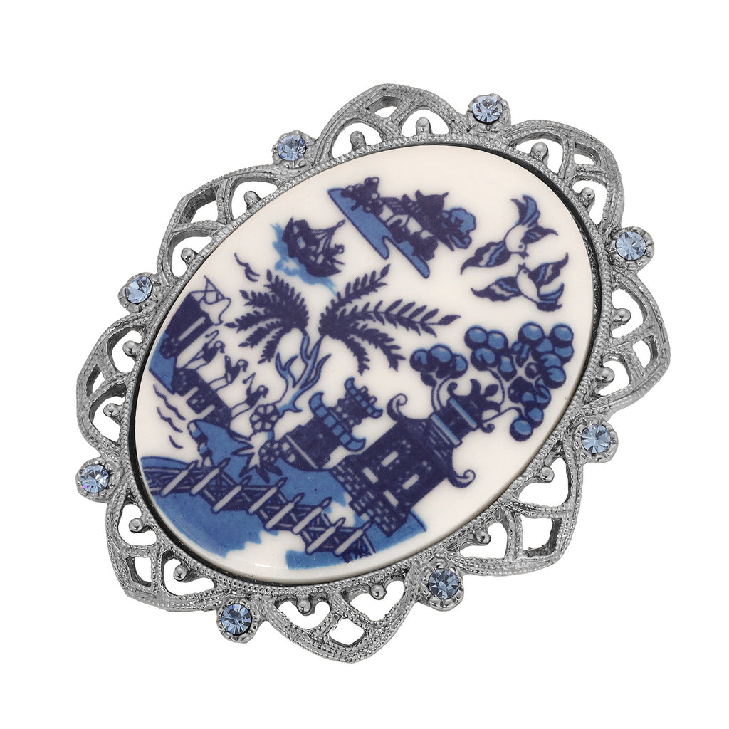 Blue Willow Pagoda Light Sapphire Crystal Oval Brooch Pin