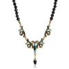 1928 Jewelry Peacock Plumage Black Beaded Art Nouveau Style Multi AB Glass Stone Drop Pendant Necklace 16