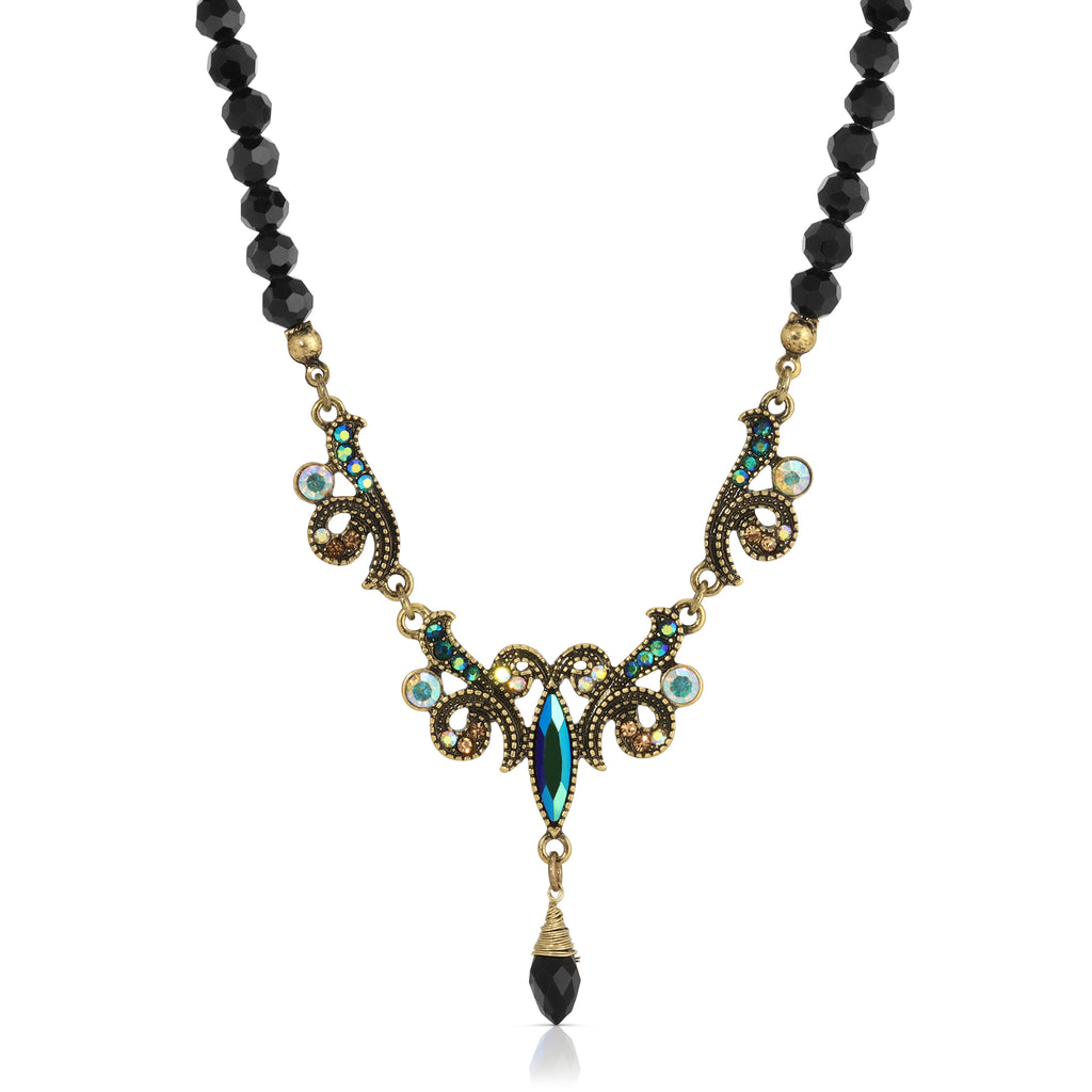 Black Beaded Art Nouveau Style Multi AB Glass Stone Drop Pendant Necklace 16" + 3" Extender