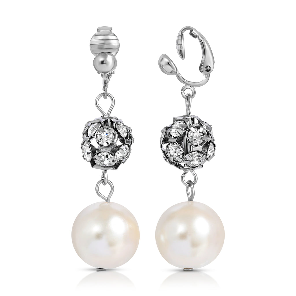 White Faux Pearl And Crystal Fireball Drop Clip On Earrings