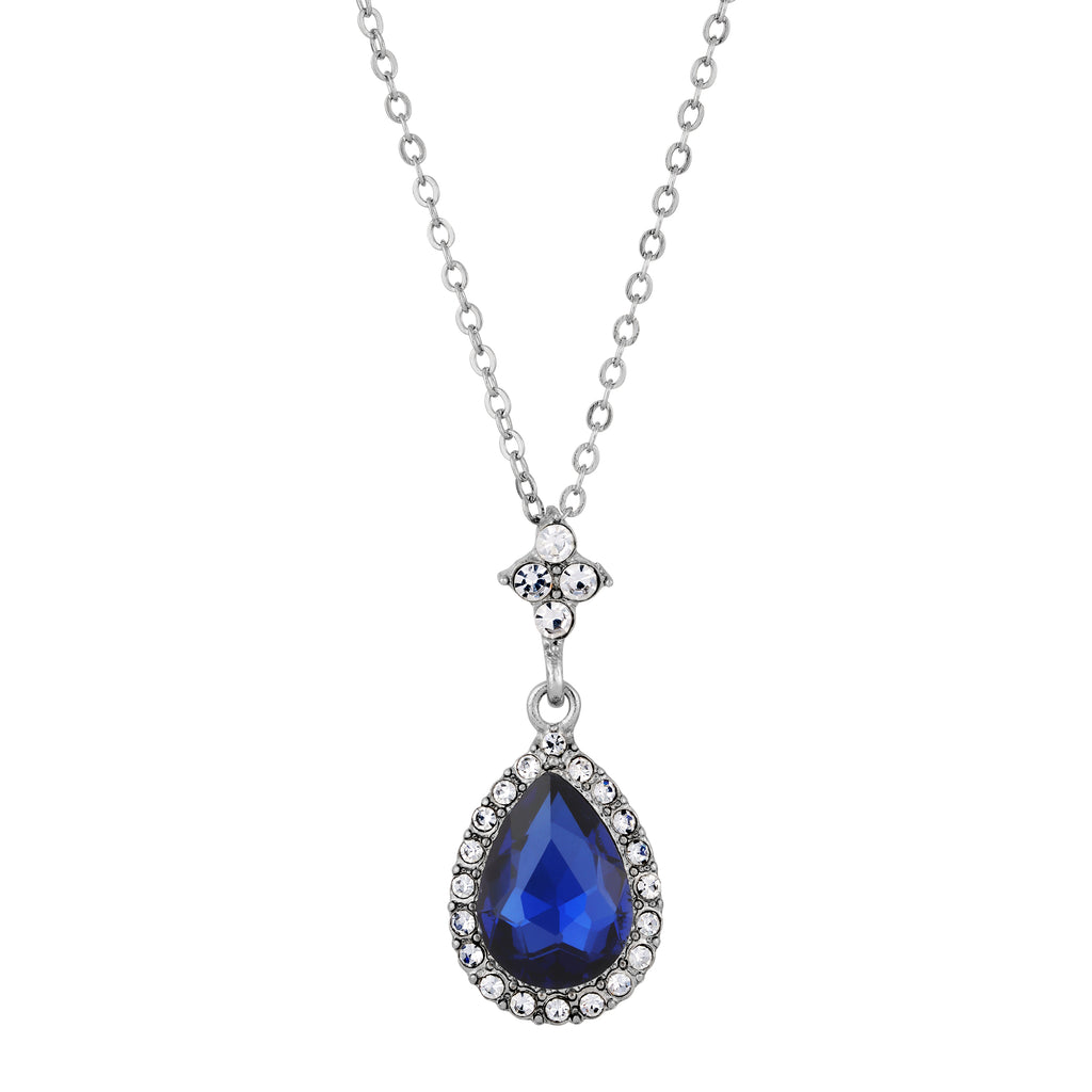 Atlantic Blue Stone Teardrop Crystal Necklace 16" + 3" Extender