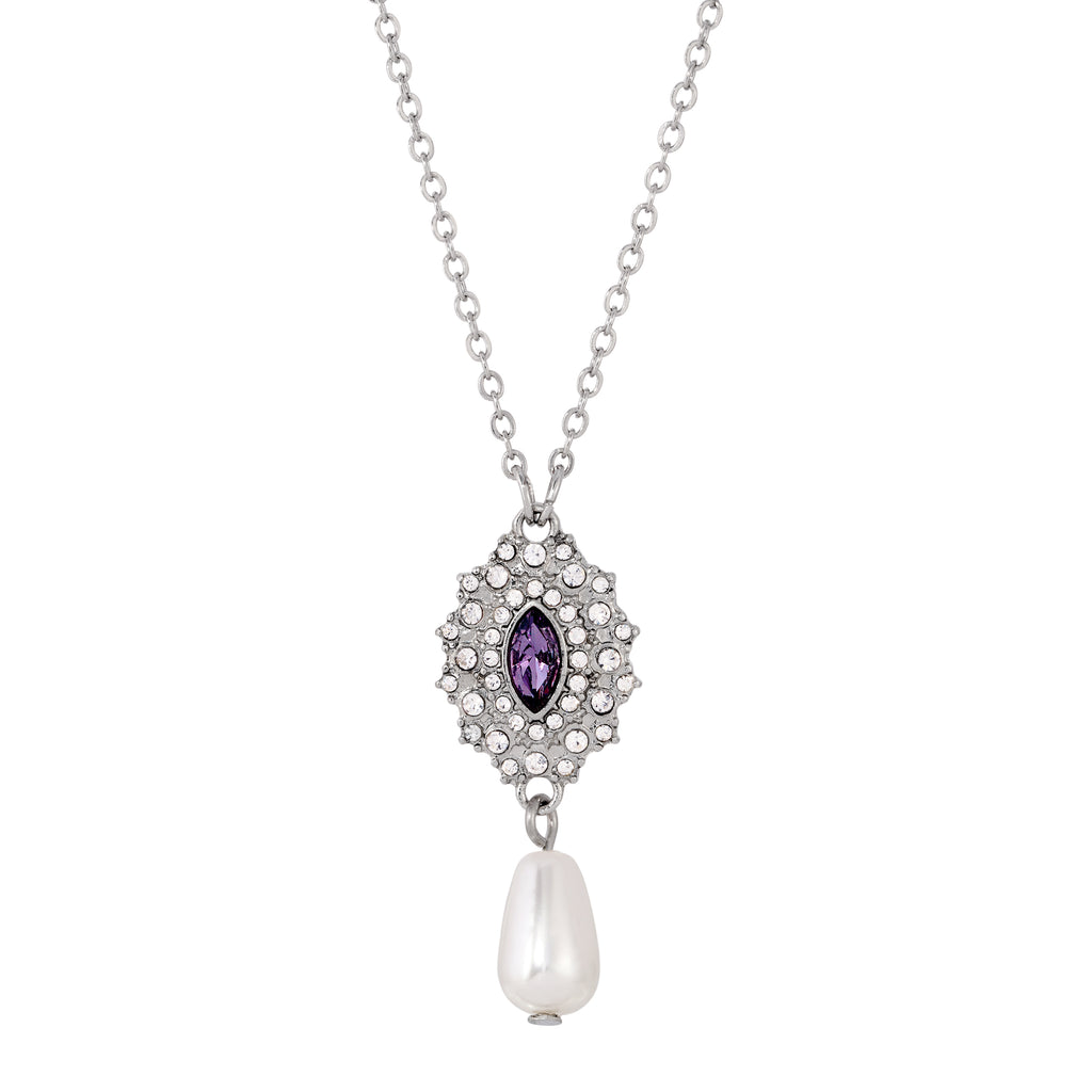 Purple Starburst Crystal Pearl Drop Necklace 16" + 3" Extender