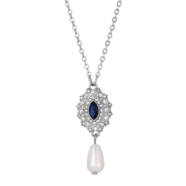 Dark Blue Starburst Crystal Pearl Drop Necklace 16" + 3" Extender