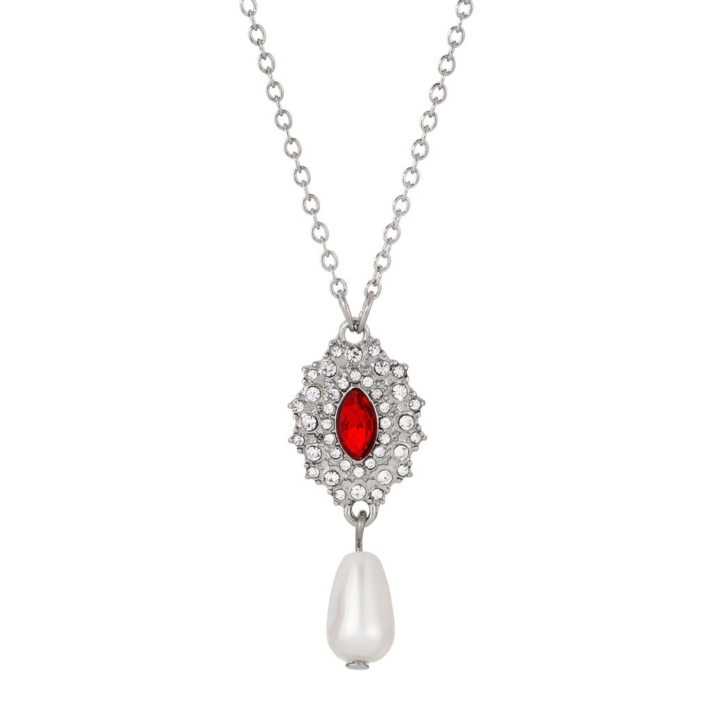 Red Starburst Crystal Pearl Drop Necklace 16" + 3" Extender