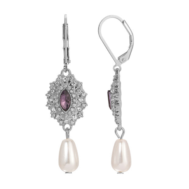 Purple Starburst Crystal Pearl Drop Earrings