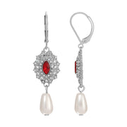 Red Starburst Crystal Pearl Drop Earrings