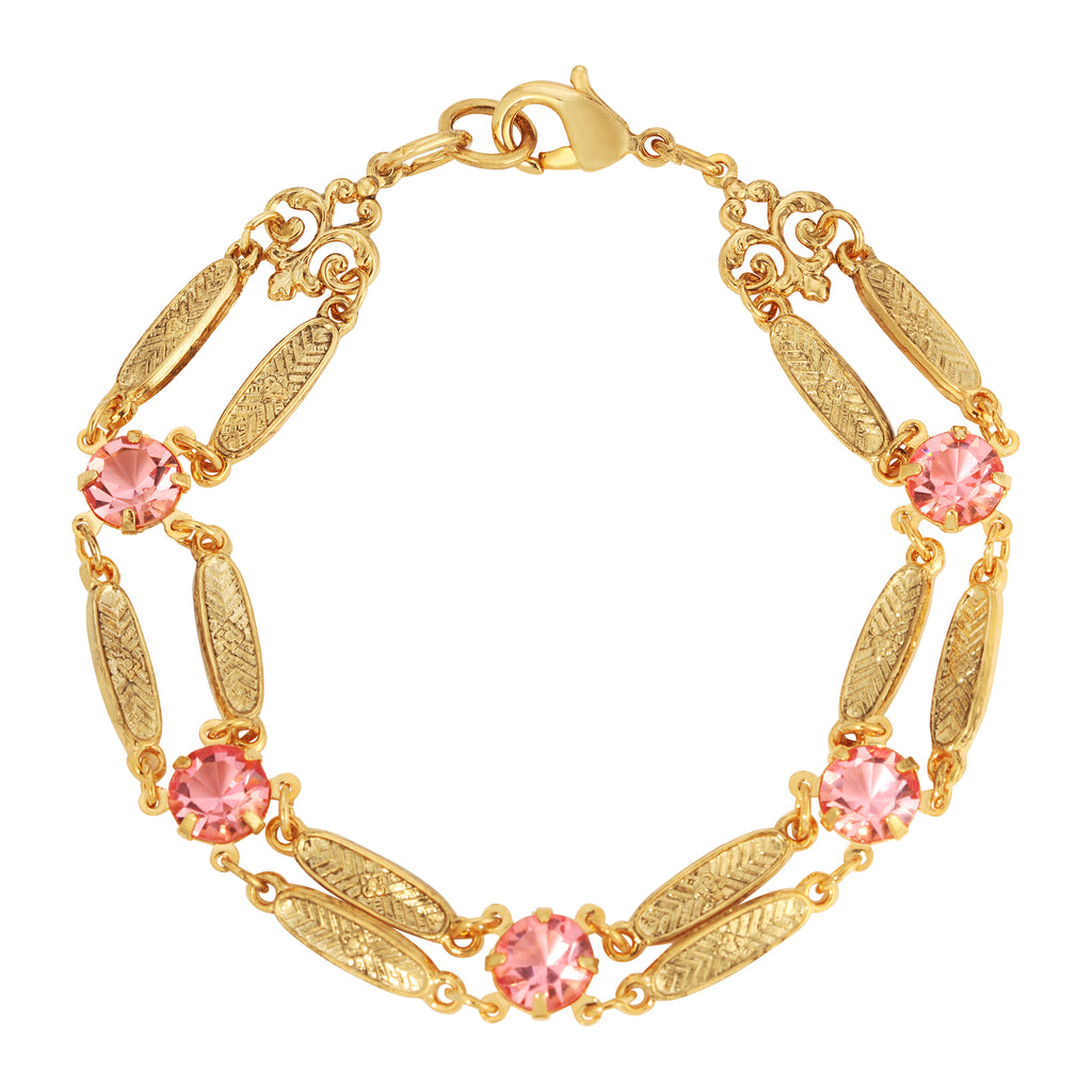 Textured Flower Link Rose Pink Crystal Filigree Bracelet