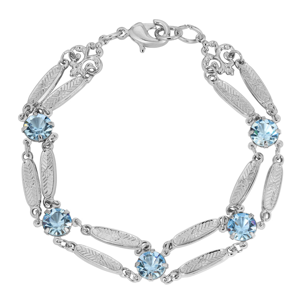 Textured Flower Link Light Sapphire Blue Crystal Filigree Bracelet