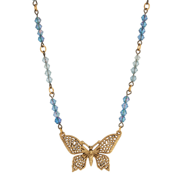 Sapphire AB Blue Crystal Butterfly Pendant Necklace 16" + 3" Extender