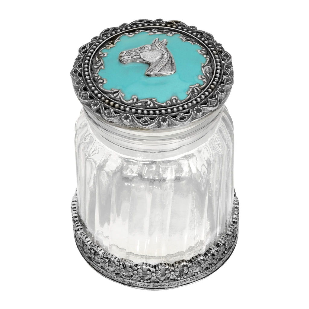 Horse Head Turquoise Enamel Ridged Glass Jar