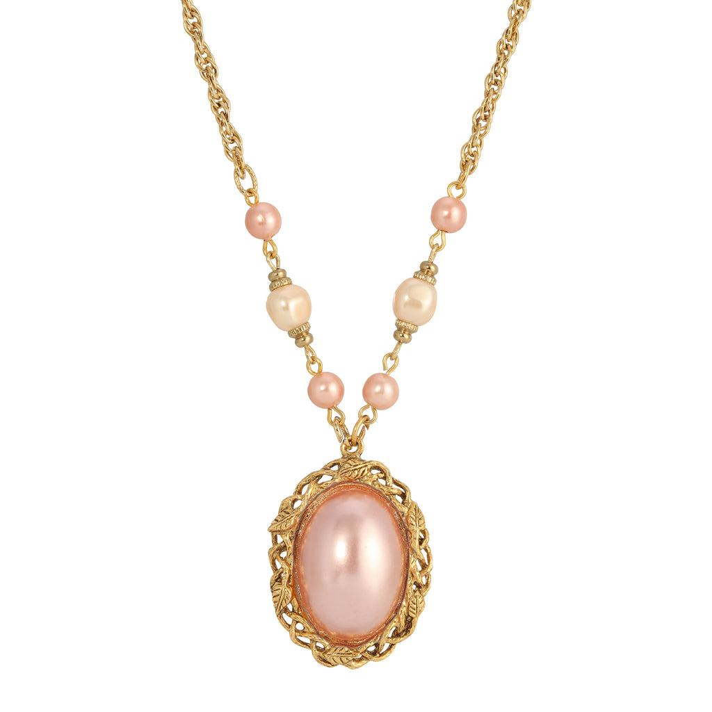 Oval Raspberry Faux Pearl Pendant Necklace 16" + 3" Extender