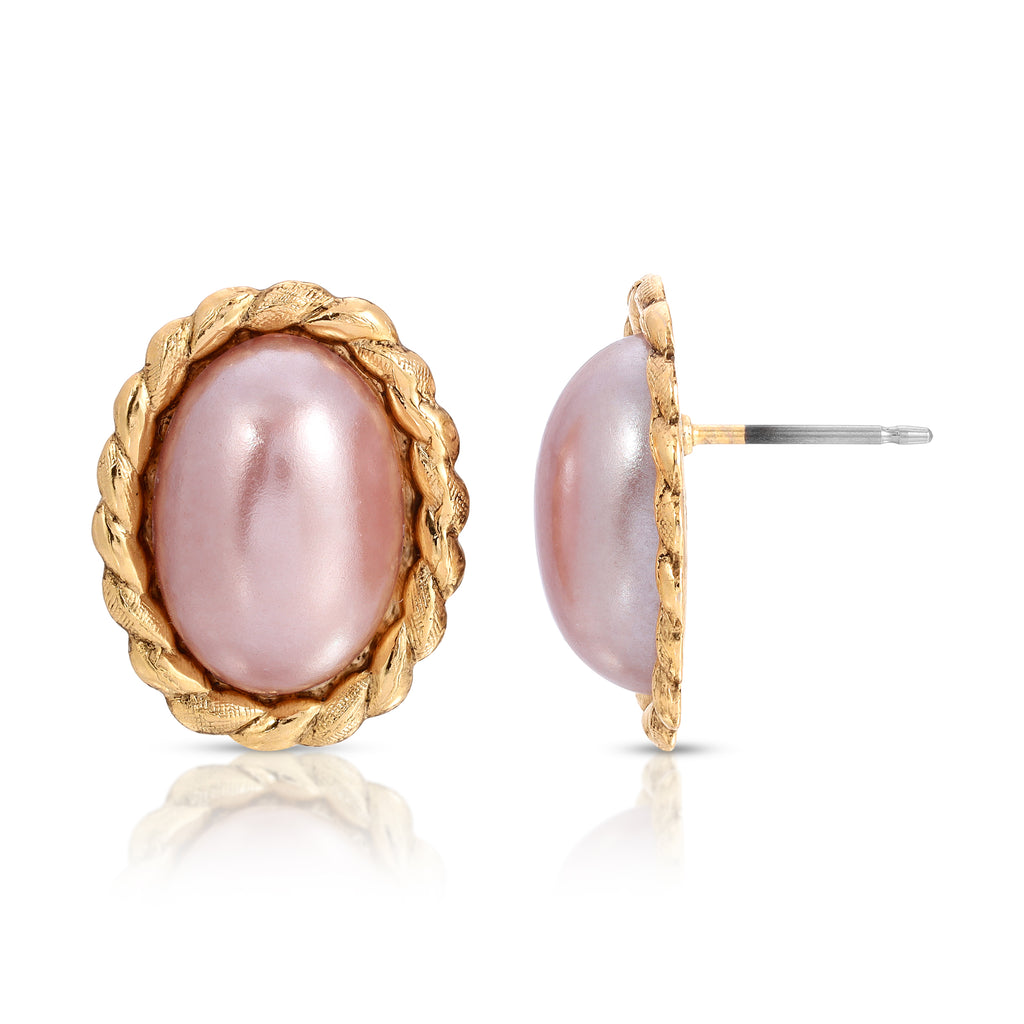 Oval Raspberry Faux Pearl Post Earrings