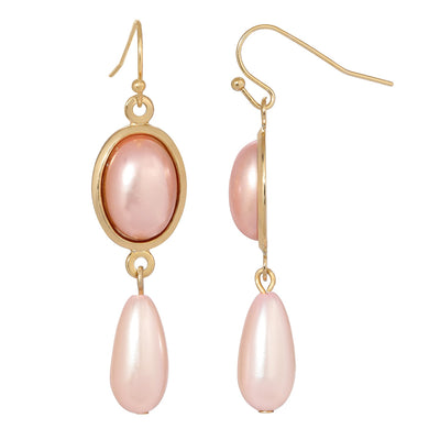 Oval Raspberry Stone & Pink Teardrop Faux Pearl Drop Earrings