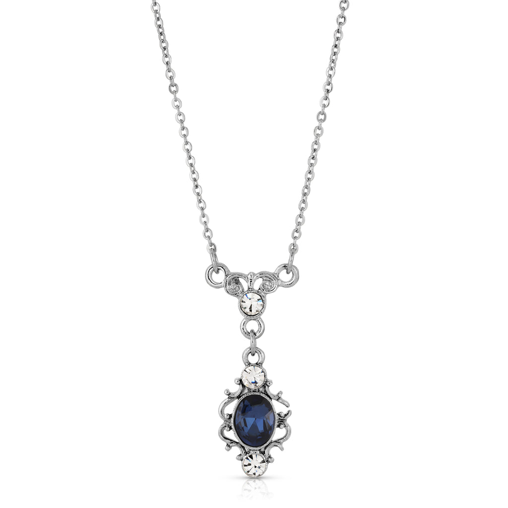 1928 Bridal Dark Blue Oval Crystal Filigree Pendant Necklace 16" + 3" Extender