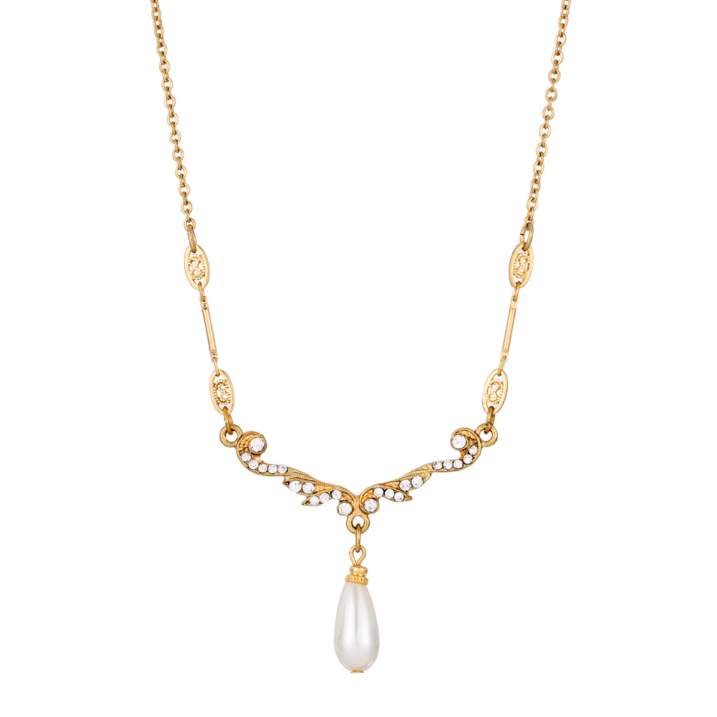 Belle Epoch Faux Pearl Teardrop Crystal Necklace 16" + 3" Extender