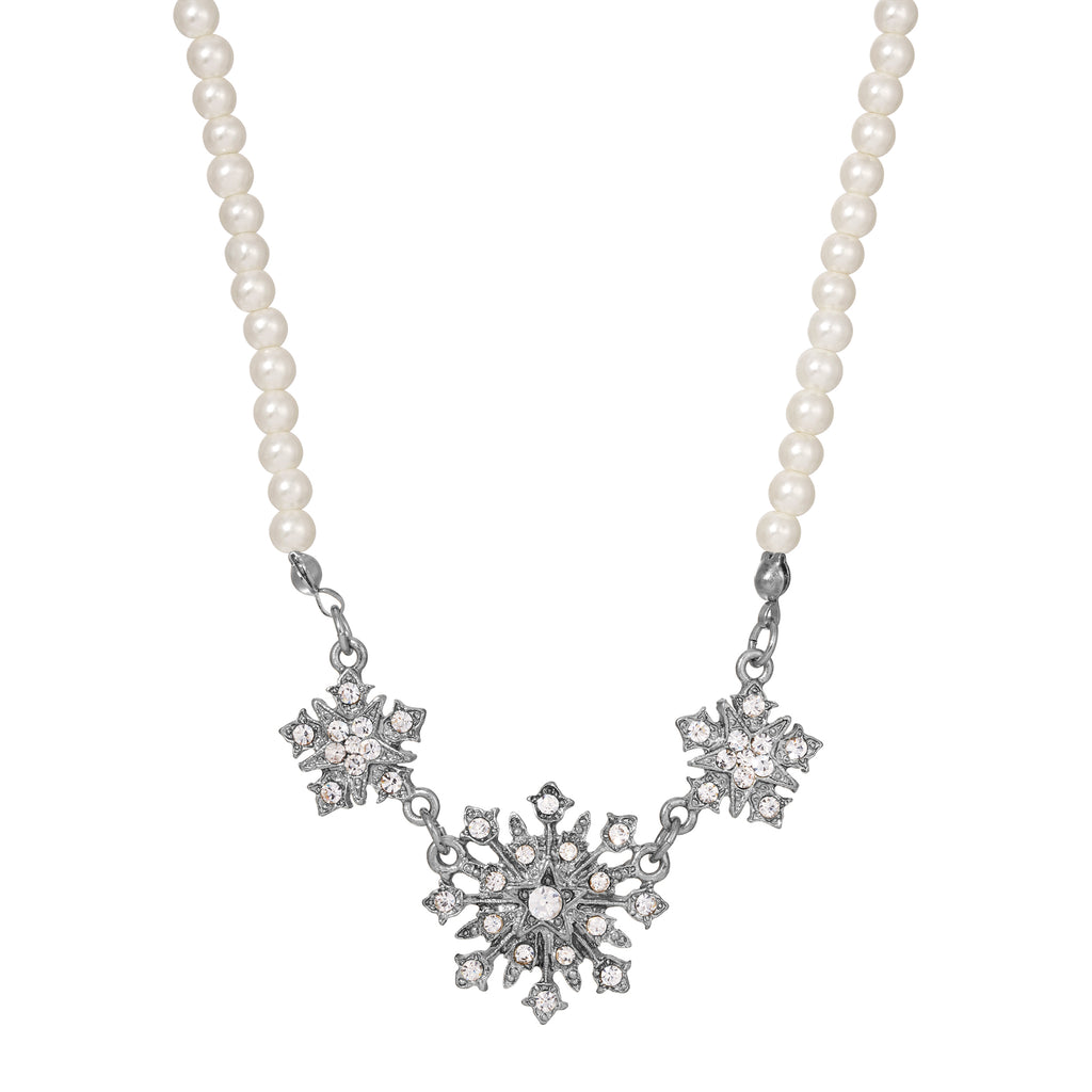 Bell Epoch Starburst Crystal Faux Pearl Necklace 16" + 3" Extender, Silver
