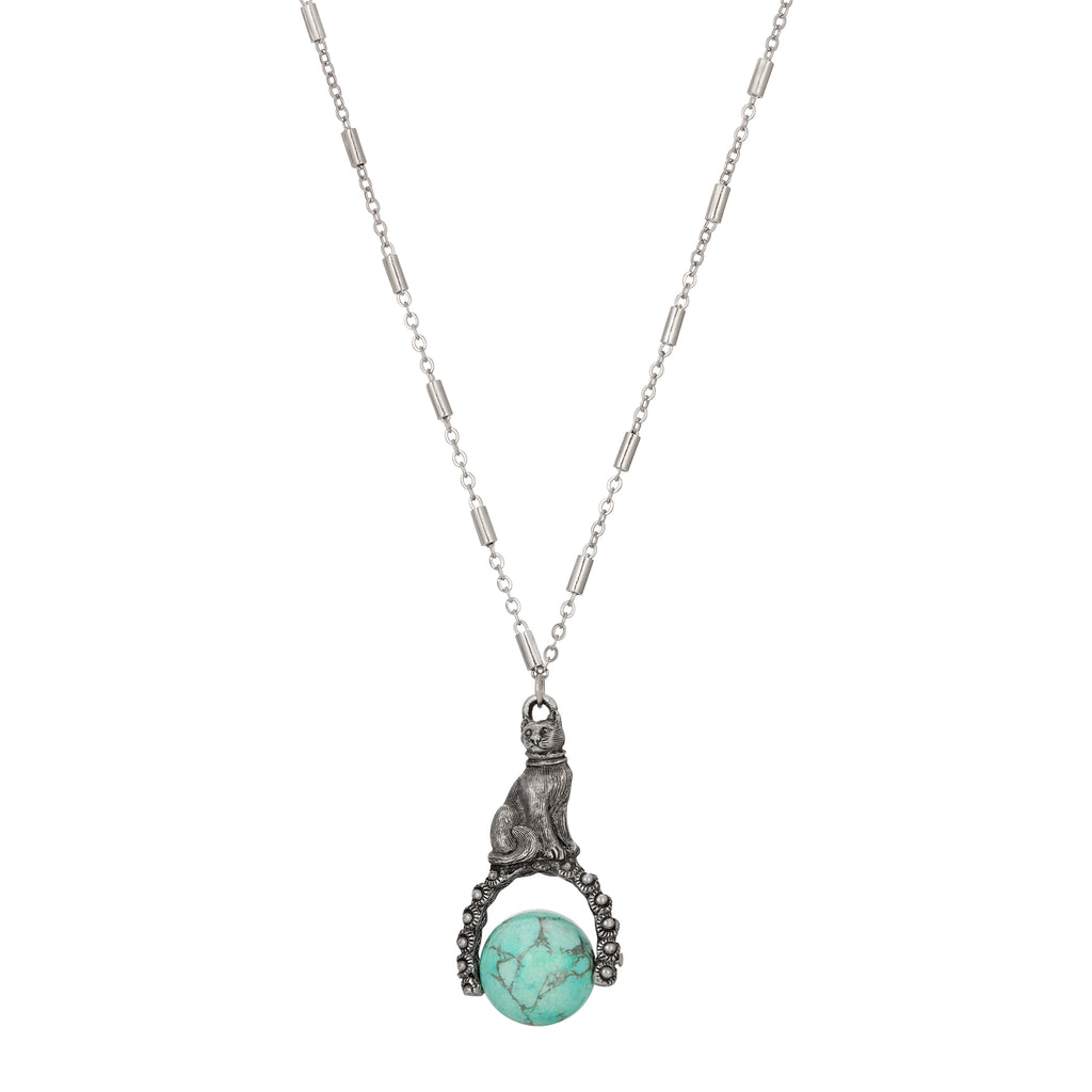 Cat & Turquoise Gemstone Spinner Pendant Necklace 28"