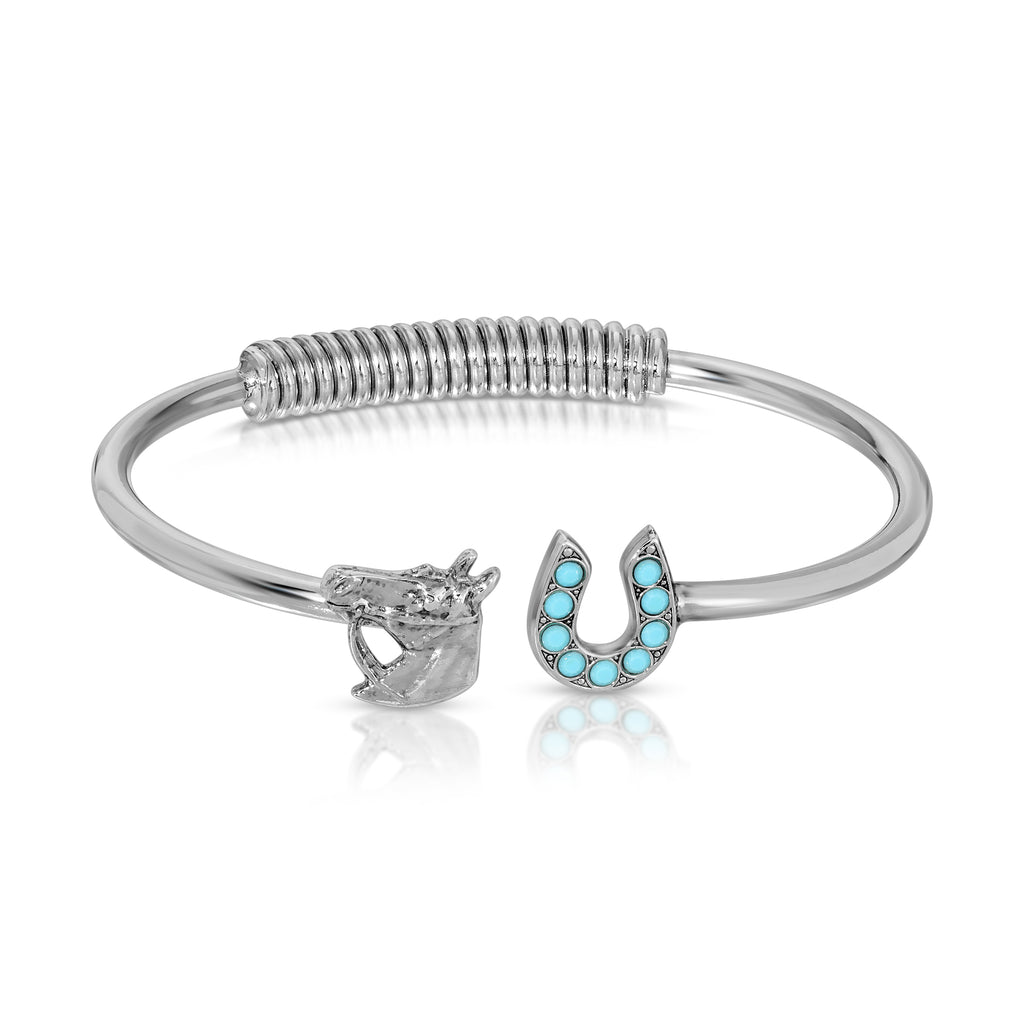 Turquoise Stone Horseshoe And Horse Head Spring Cuff Bracelet