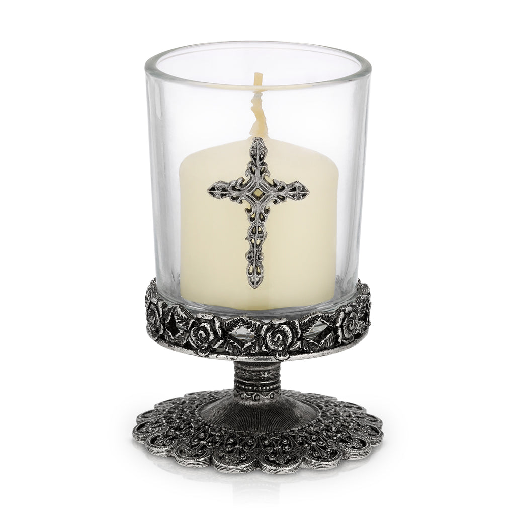 Deco Rose And Cross Glass Candle Holder