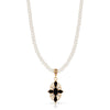 1928 Jewelry Enamel & Stone Black Cross 4mm Faux Pearl Strand Pendant Necklace 15