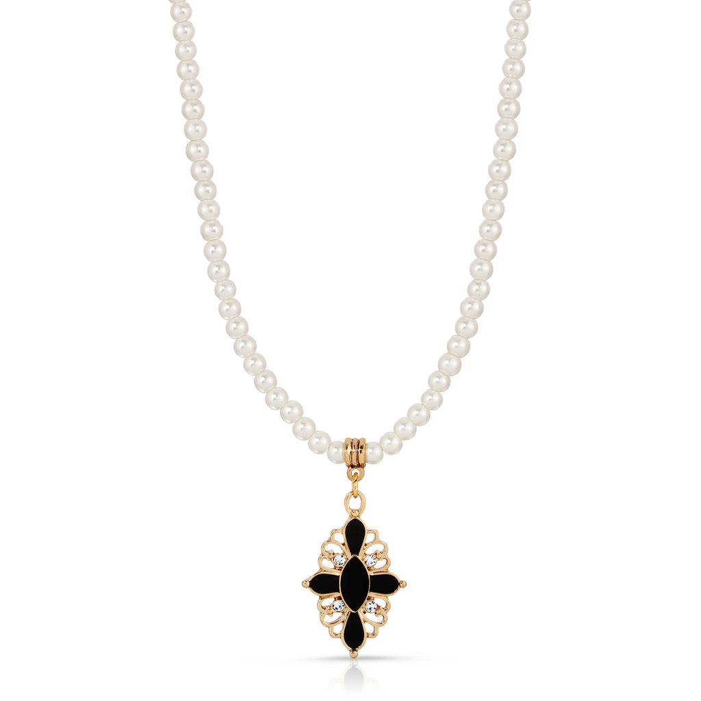 Enamel & Stone Black Cross Faux Pearl Strand Necklace 15"+ 3" Extender