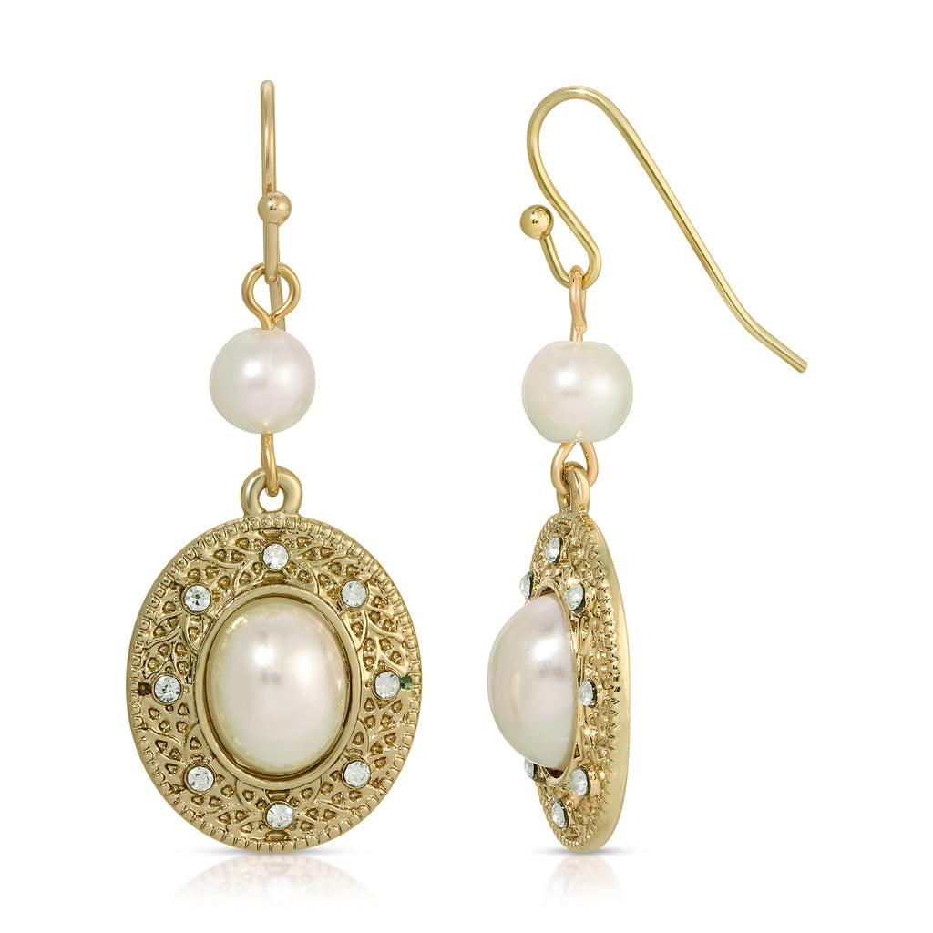 Oval Faux Pearl Ornate Drop Earrings