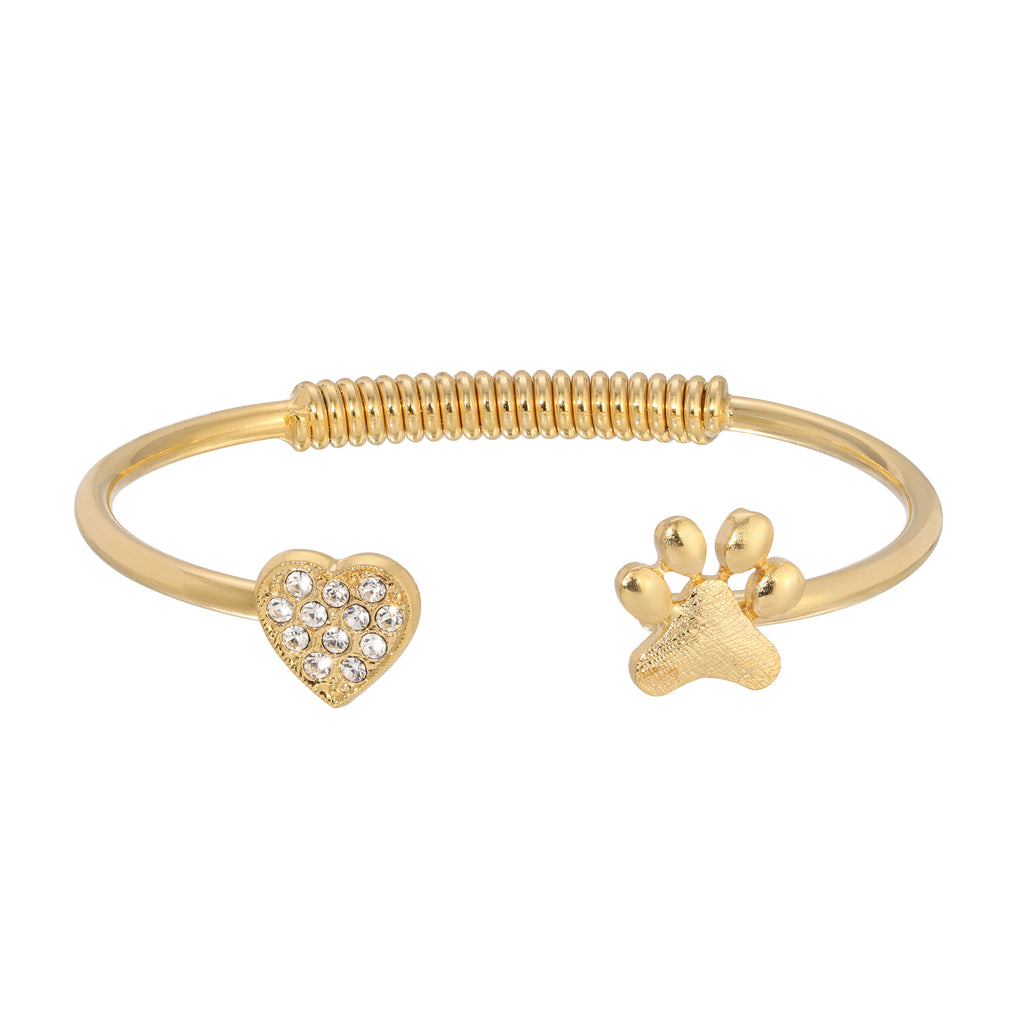 Crystal Heart And Paw Spring Cuff Bracelet