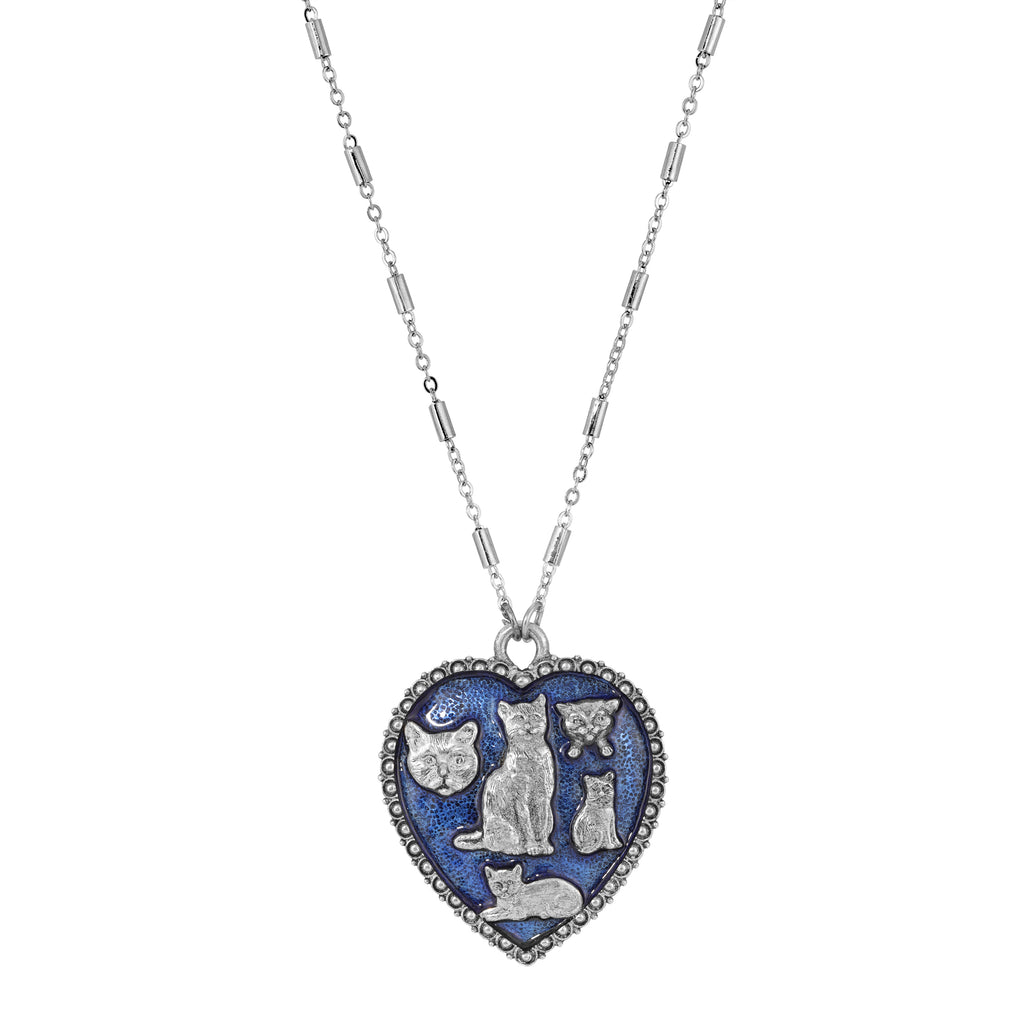 Blue Enamel Heart Clowder Of Cats Pendant Necklace 28"L