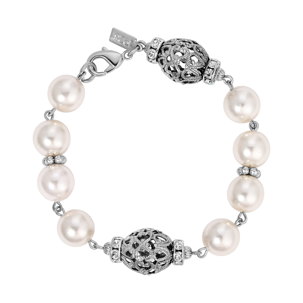 1928 jewelry oval filigree crystal bead faux pearl bracelet