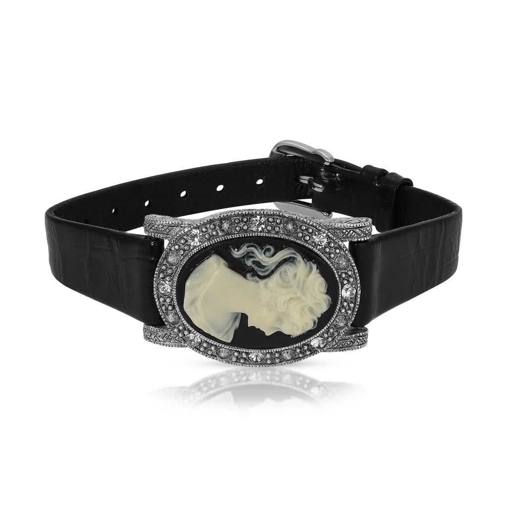 Black Diamond Crystal Cameo Crocodile Print Leather Belt Bracelet