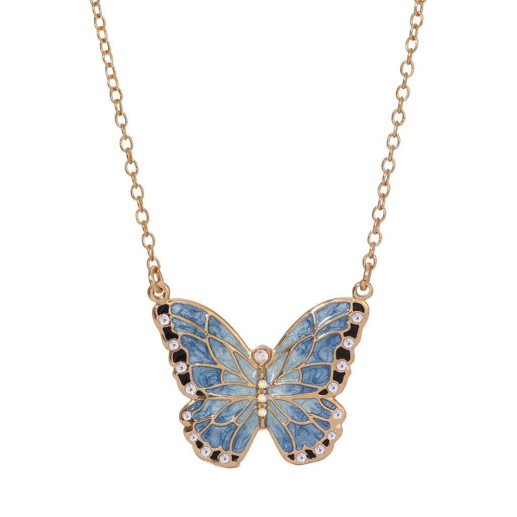 Blue Enamel Crystal Butterfly Pendant Necklace 18" + 3" Extender