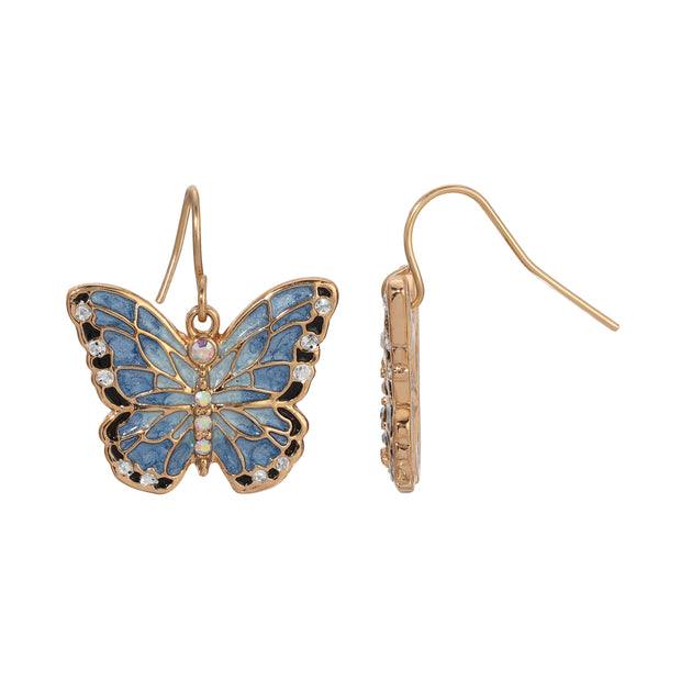 Blue Enamel Crystal Butterfly Drop Earrings