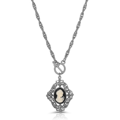 1928 Jewelry Victorian Filigree Crystal Black & White Cameo Pendant Necklace 26"