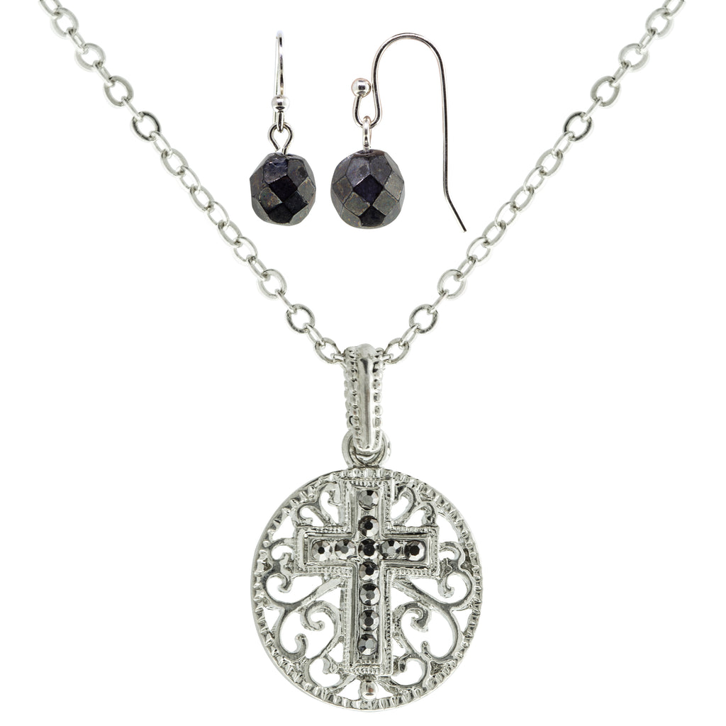 Round Filigree Hematite Cross Pendant Necklace & Earrings Set