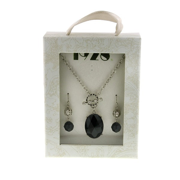 Black Stone Earrings & Pendant Necklace Set 16" + 3" Extender