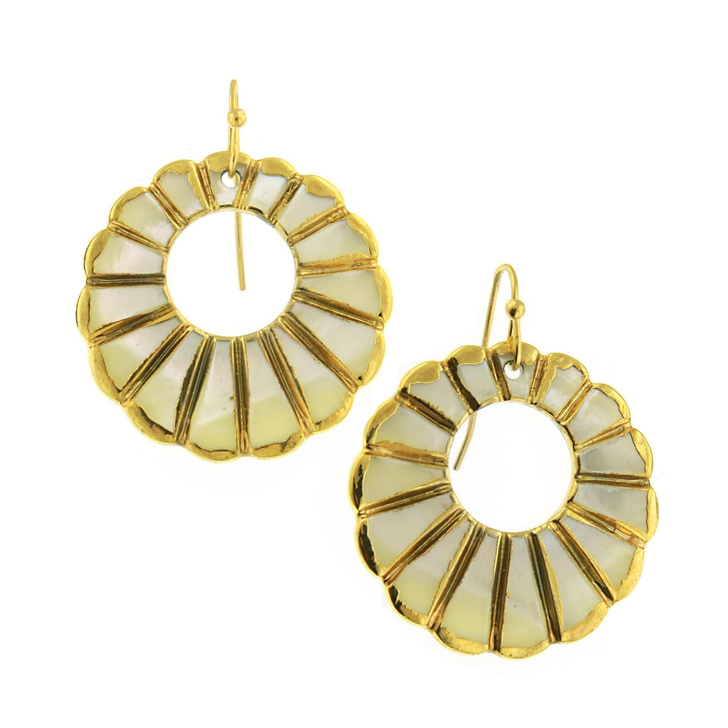 Gold With Mop Round Drop Wire Earrings