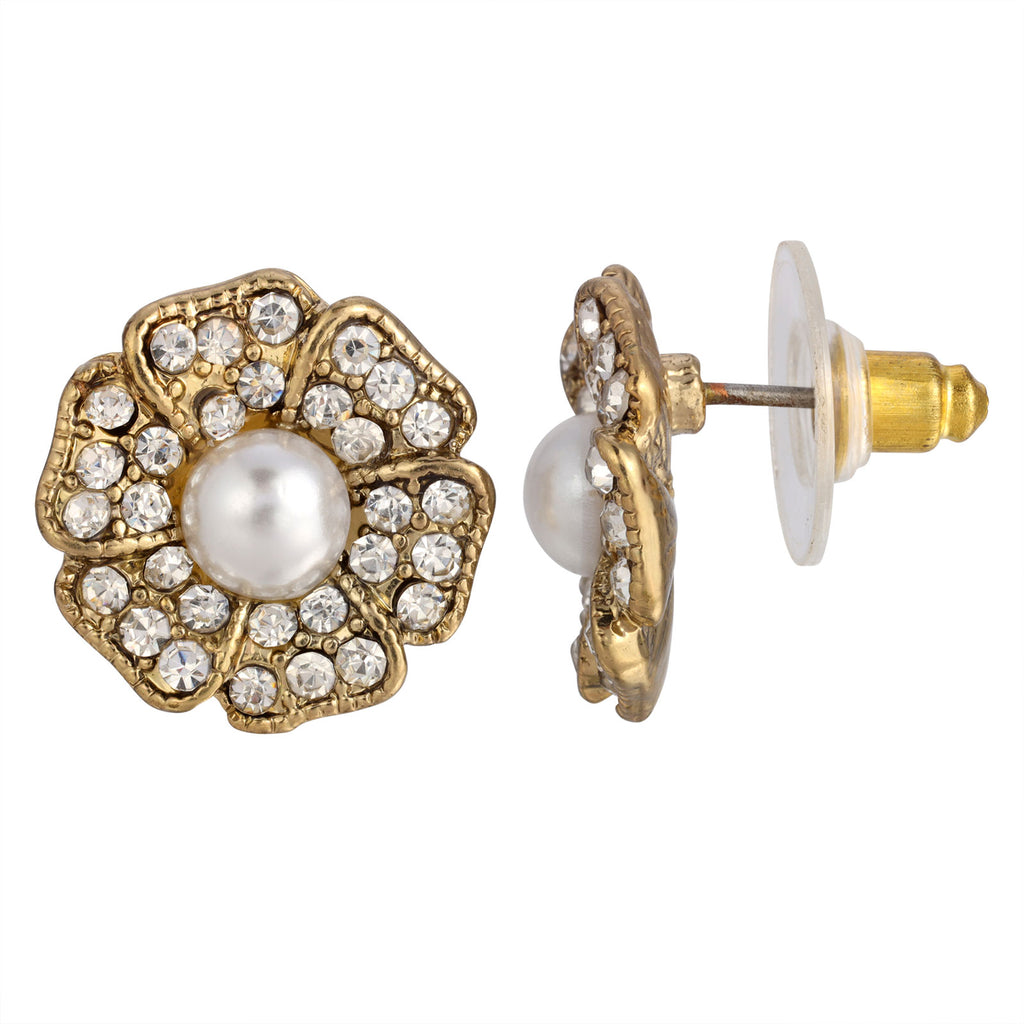 Clear Crystal And Faux Pearl Flower Button Earrings