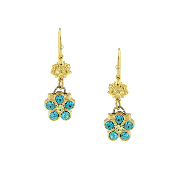 14K Gold Dipped Turquoise Crystal Color Flower Drop Earrings 