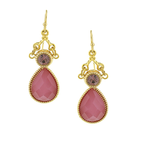 Gold Tone Pink Teardrop Earrings