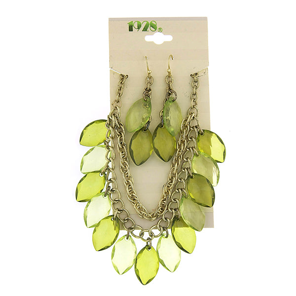 Light Green Multi Faceted Navette Drop Earrings and Necklace Set