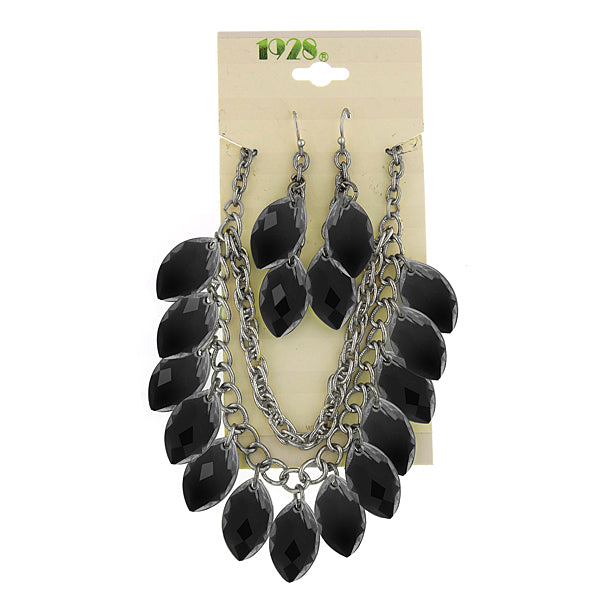 Silver Tone Jet Back Navette Drop Earrings and Necklace Set