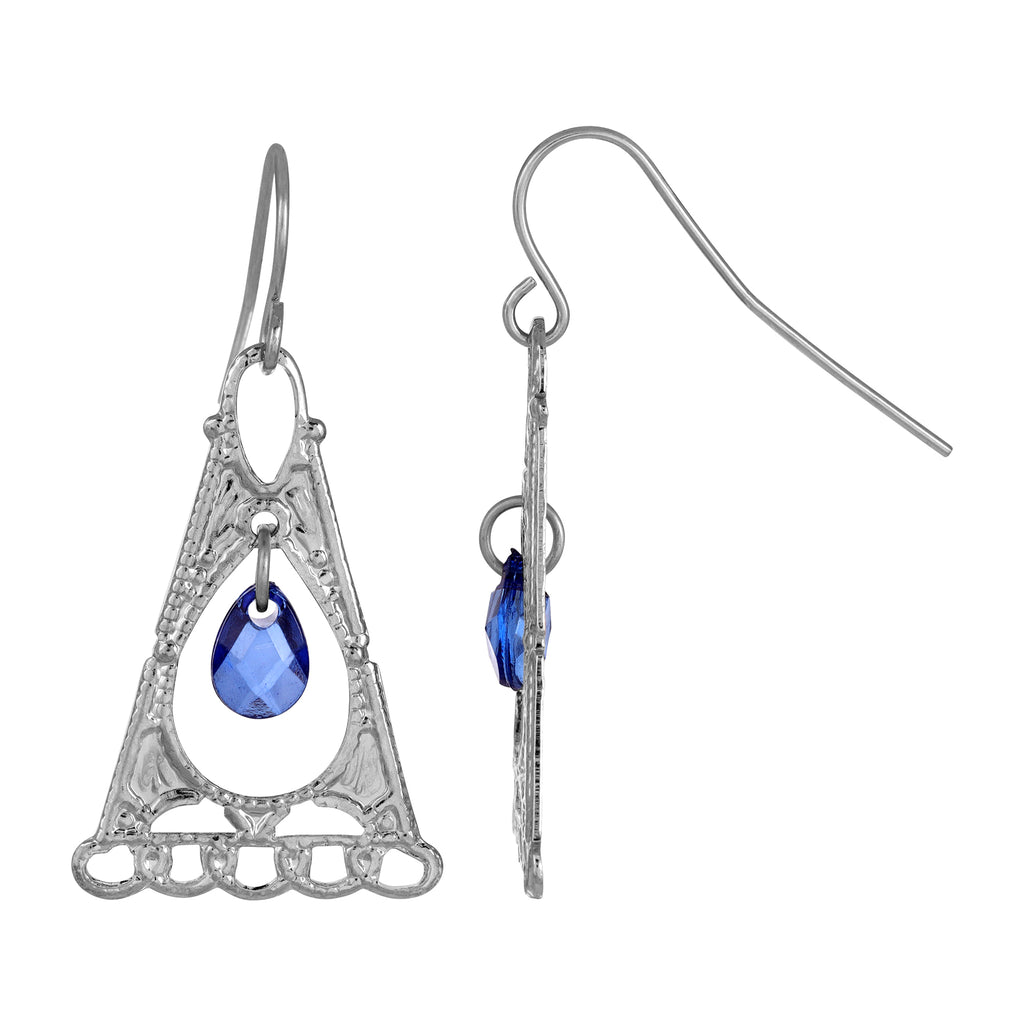 Silver Tone Triangle Shape Drop Earings With Suspended Blue Teardrop Bead
